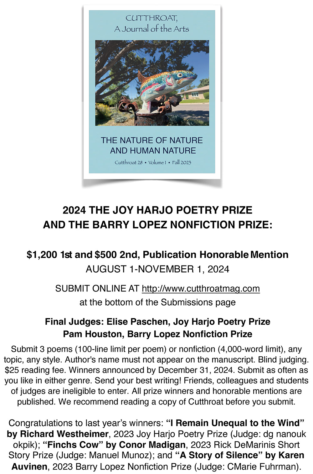 2024 Joy Harjo Poetry Contest and the Barry Lopez Nonfiction Prize from Cutthroat Journal