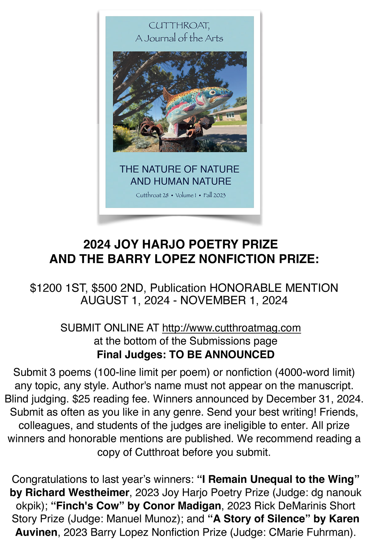 2024 Joy Harjo Poetry Contest and the Barry Lopez Nonfiction Prize from Cutthroat Journal