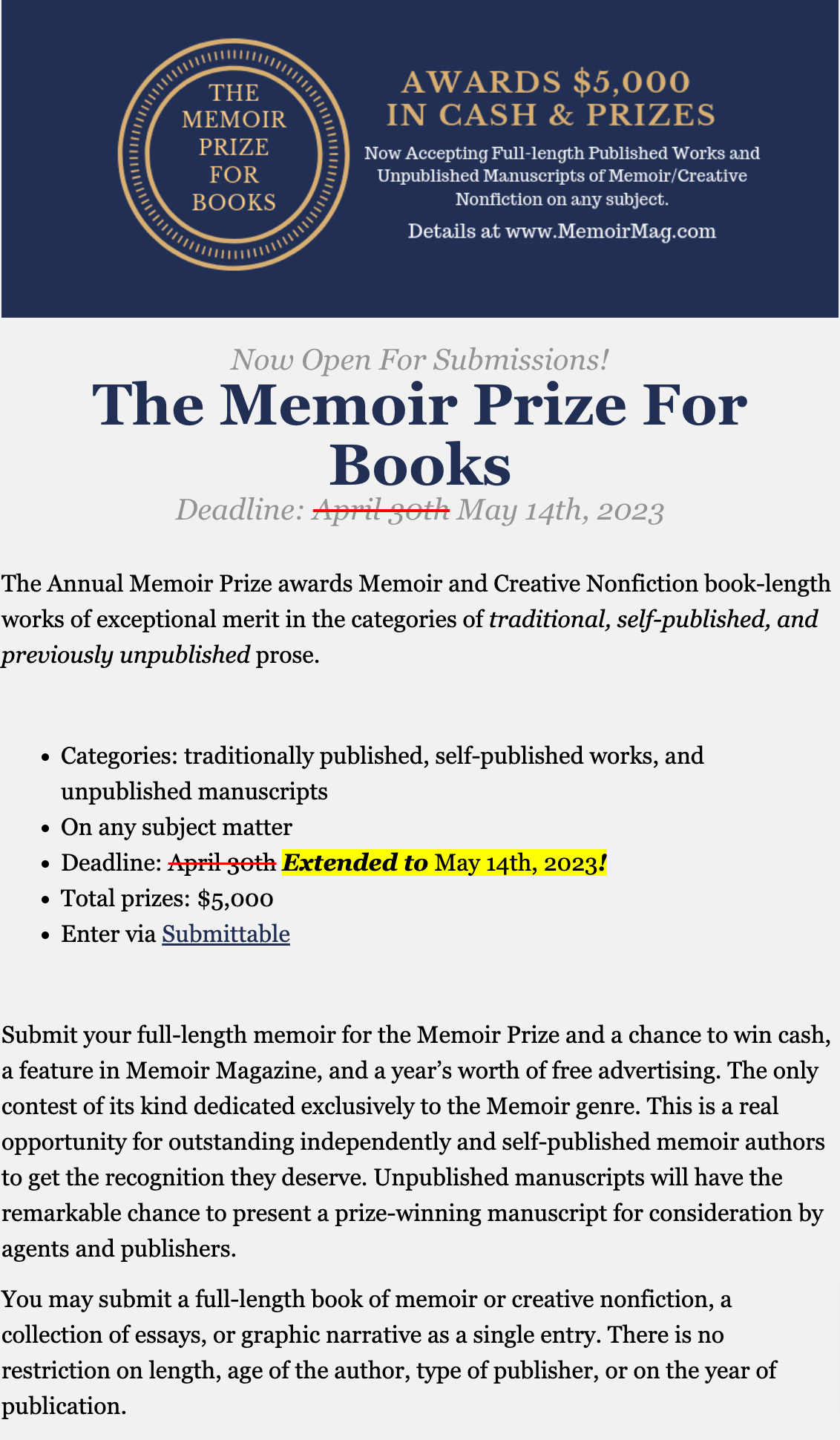 The Memoir Prize for Books
